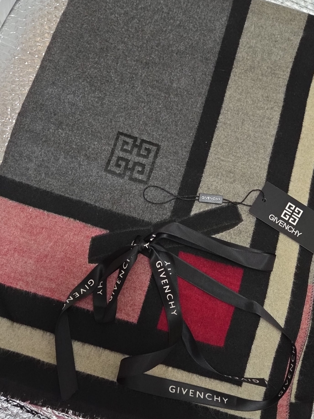 Givenchy Multicolor Logo Scarf — Gray, Red, Black